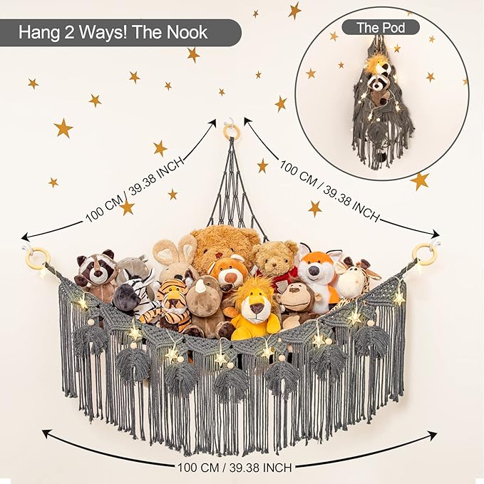 ANROYE Macrame Stuffed Animal Hammock with Star Light, Bear Storage Net for Girls Room Decor, Corner Hanging Mesh Organizer Idea for Nursery, Plushies Toy Wall Hanging Display Holder Kid Boy Gift
