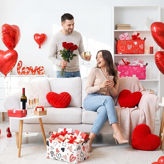 6 Pack Valentine's Day Storage Baskets Waterproof Canvas with Leather Handles Collapsible Storage Bins Cube Baskets for Closet Clothes Room Decor Gift Basket (Heart)
