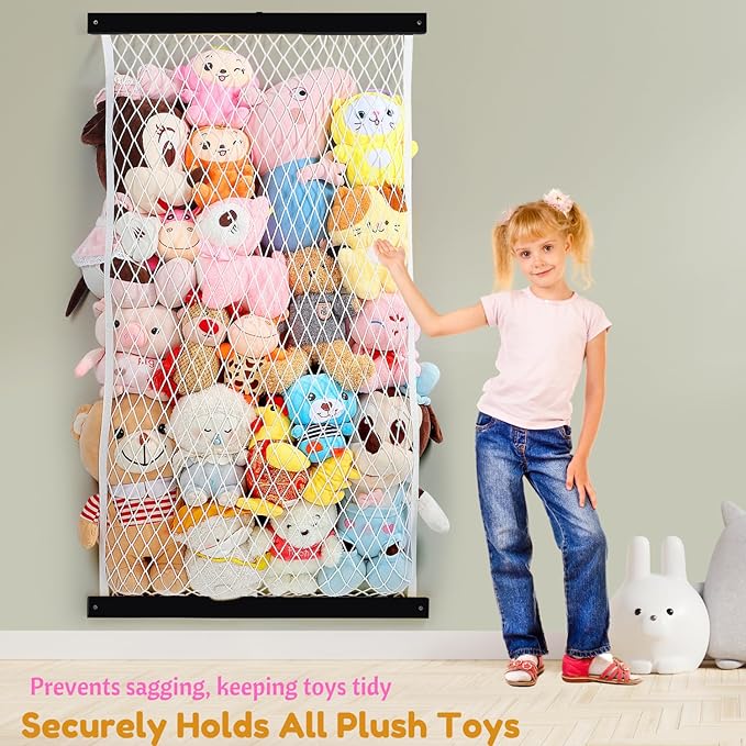Stuffed Animal Storage Net, Elastic Stuffed Toy Holder,Door/Wall Mount Length Adjustable Hanging Soft Toy Organizer, Plushie Net for Nursery Play Room-Black Boards