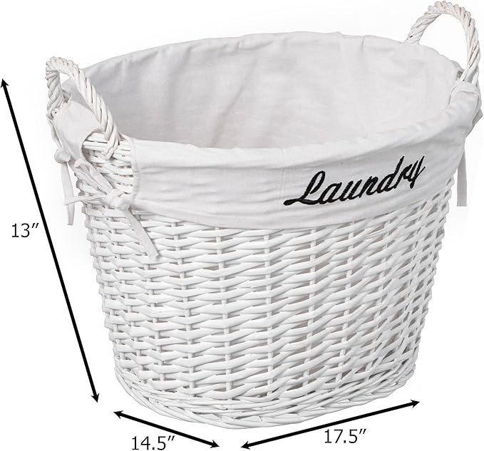 Wickerwise Handwoven Laundry Basket with Liner & Handles - Boho Decorative Storage Hamper for Clothes Blankets Pillows and Towels - Ideal for Laundry Room Bathroom Bedroom and Living Room, White