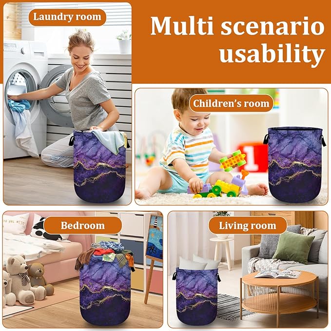 Purple Gold Marble Laundry Basket with Sturdy Handles, Collapsible Oxford Cloth Laundry Hamper Organizer Basket for Bathroom Bedroom 15.7x20 Inch