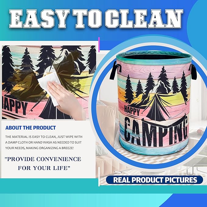Happy Camping Laundry Basket Mountains Forest Oxford Cloth Laundry Hamper With Handle Foldable Portable Clothes Storage Basket 18.9 X 16.5 In Storage Bag For Laundry Room/Bathroom/Bedroom/Dormitories