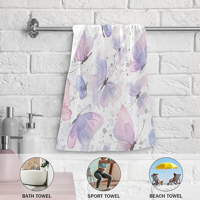 2 Pcs Watercolor Blue Butterfly Decorative Hand Towels for Bathroom,Soft Absorbent Pink Butterflies Pattern Dish Towels for Kitchen,Quick Dry Guest Bathroom Towels for Face,Shower 14"x28"