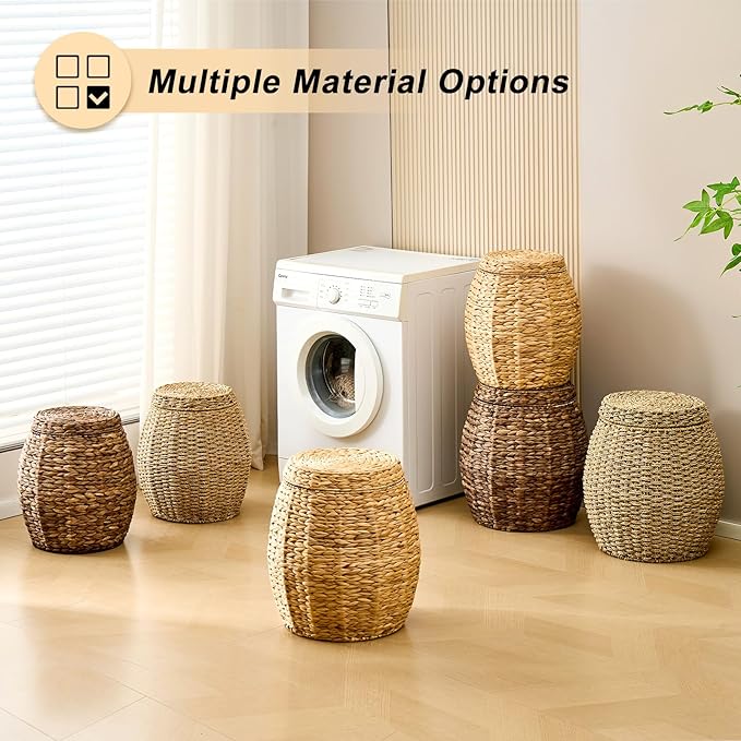 Round Wicker Basket with Lid, Handwoven Seagrass Storage Basket, Blanket Organizer Basket for Laundry, Bathroom, Bedroom, Living Room, Office