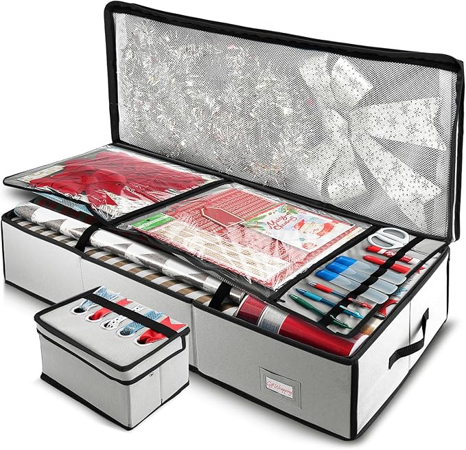 Hearth & Harbor Wrapping Paper Storage Container - Christmas Storage Bag with Ribbon Dispenser and Interior Pockets - Gift Wrap Organizer Fits Up to 26 Rolls of 40" Length, Silver