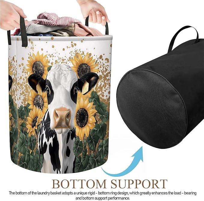 Cow Sunflower Laundry Basket, Large Canvas Collapsible Organizer Storage Basket for Nursery,Office,Toy Organizer,Home,Decor - 19.7" X 15.7 "