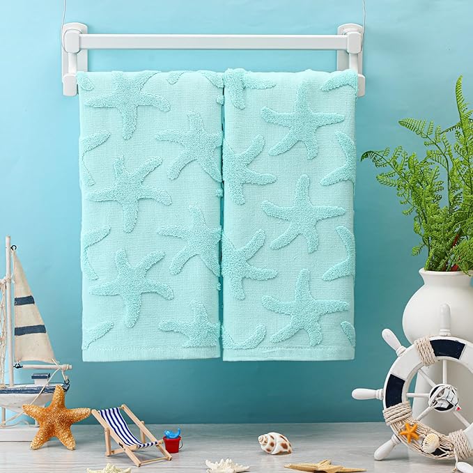 2 Pcs Starfish Hand Towels for Bathroom 100% Cotton Jacquard Weave Bath Towel Set Soft Absorbent Dish Washcloth for Bathroom Kitchen Sea Theme Gifts 13.8 x 29.5 Inch (Blue Green)