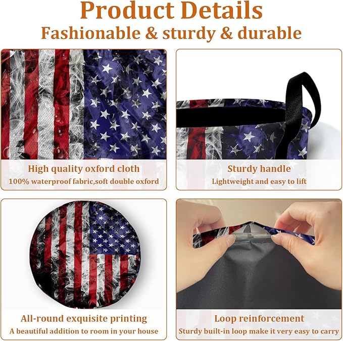 Smoke USA Flag Laundry Basket with Sturdy Handles, Memorial Day Patriotic Collapsible Oxford Cloth Laundry Hamper Organizer Basket for Bathroom Bedroom 15.7x20 Inch