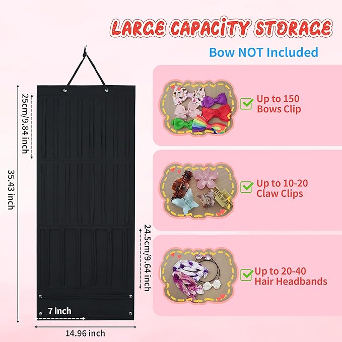 Hair Bow Organizer for Girls, Baby Hair Clips Holder Wall Hanging, Large Felt Bow Storage Display for Girls Hair Bows & Claw Clips, Ribbons, Headbands – Nursery Room Decor (Black)