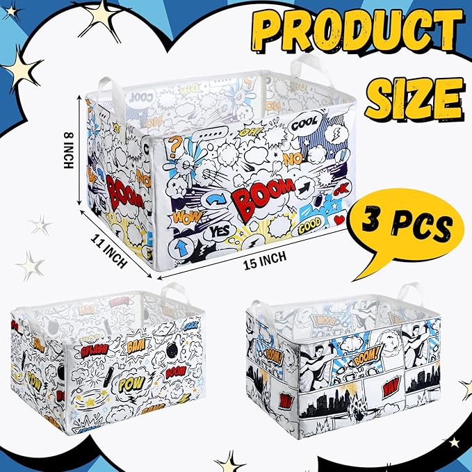 Maxdot 3 Pack Hero Comic Book Storage Themed Basket Large Gifts for Laundry Hamper Basket for Kids Room Nursery Collapsible Toy Clothes Storage Collection Bin(Hero,Rectangle)