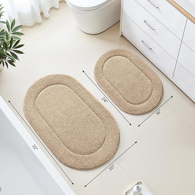 HOMEIDEAS Bathroom Rugs Sets 2 Piece, Soft Bathroom Mats and Absorbent Microfiber Machine Washable Bath Mats for Shower Room, Bathtub, Kitchen (20" x 32" + 16" x 24", Beige)