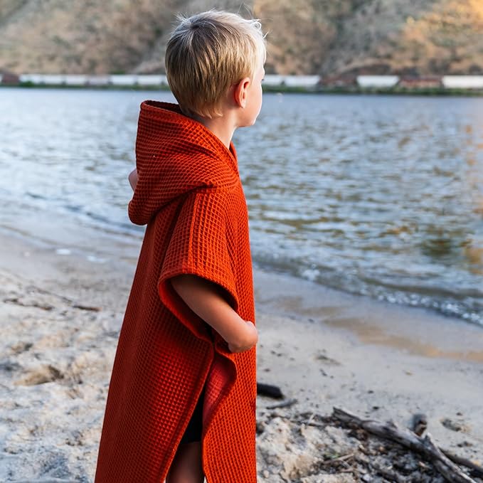 Jade&Kai Hooded Towel for Kids | Snaps into a Poncho | Organic Cotton Waffle | Lightweight and Absorbent | Bath, Beach, and Pool | Multiple Colors | (Large (6-10 Yrs), Toasted Acorn)
