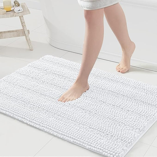 Grandaily Chenille Striped Bathroom Rugs 36x24, Extra Thick and Absorbent Bath Mats, Non-Slip Soft Plush Shaggy Shower Carpet, Machine Wash Dry, Bath Rug for Bathroom, (Large, White)