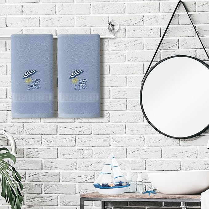 2 Pcs Beach Chair Hand Towels Slate Blue Bathroom Decor 14x29 Inch Embroidered 100% Cotton Soft Absorbent Spring Summer Decorative Hand Towels for Bathroom Kitchen