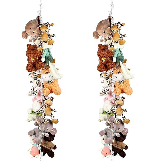 2 Pcs Stuffed Animals Storage Chain Hanging Stuffed Animal Organizer with 40 Plastic Clips 79'' Plush Toys Display Holder with Hooks for Wall Decor Bedroom Play Room Storage Hats Socks Cards