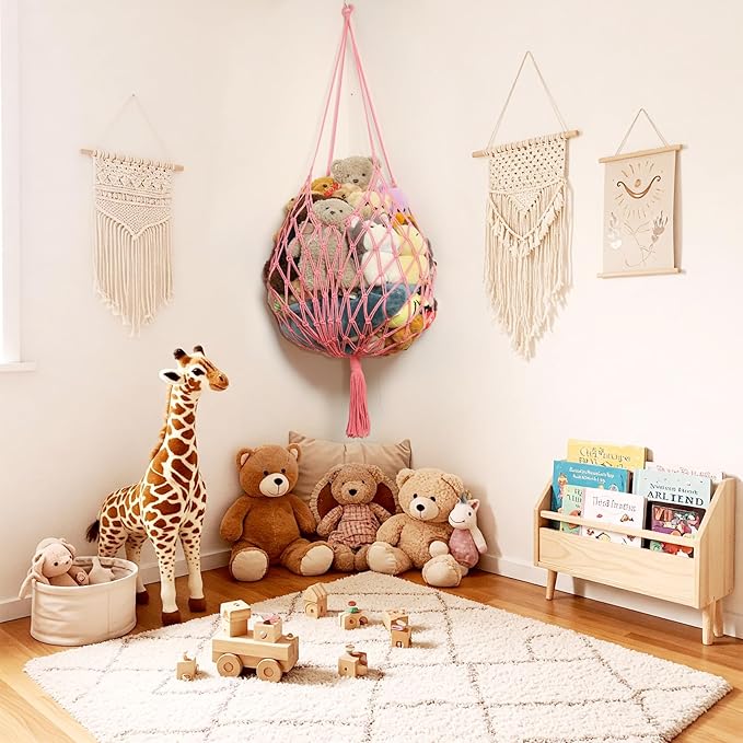 Stuffed Animal Storage Hammock Corner Hanging Net Stuffy Animal Hammock Macrame Toy Display Plush Toy Holder for Kid Bedroom Decor Boho Nursery Playroom Organizer (pink)