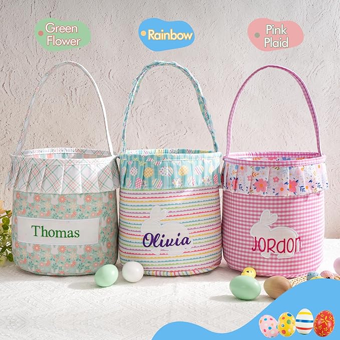 MT WORLD Toddler Easter Bunny Basket Personalized Easter Egg Bucket for Kids with Name Rabbit Ruffle Bucket Tote for Baby Boys Girls Easter Egg Hunts Decorations Candy Gifts Storage (Rainbow)