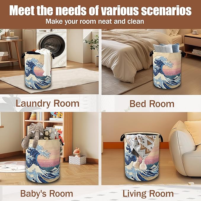 Japanese Ocean Waves Laundry Basket,Waterproof Foldable Laundry Hamper,Dirty Clothes Basket, Linen Bin Storage Organizer Collection 16" x 20.8"