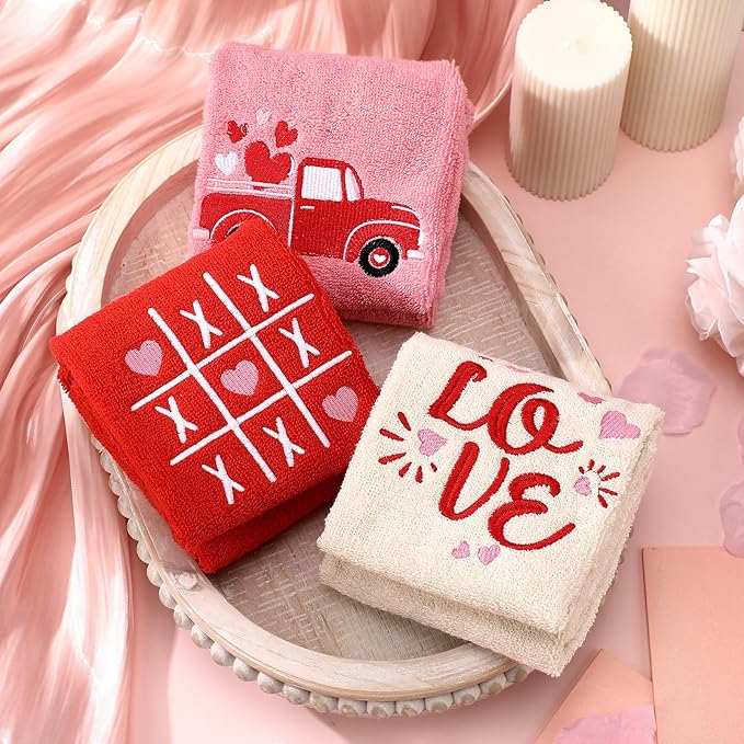 3 Pcs Valentine's Day Hand Towels for Bathroom Love Heart Embroidered Bathroom Towels Valentines Farmhouse 13.78 x 29.53 Inch Absorbent Soft Cotton for Kitchen Dish Fast Drying Decor