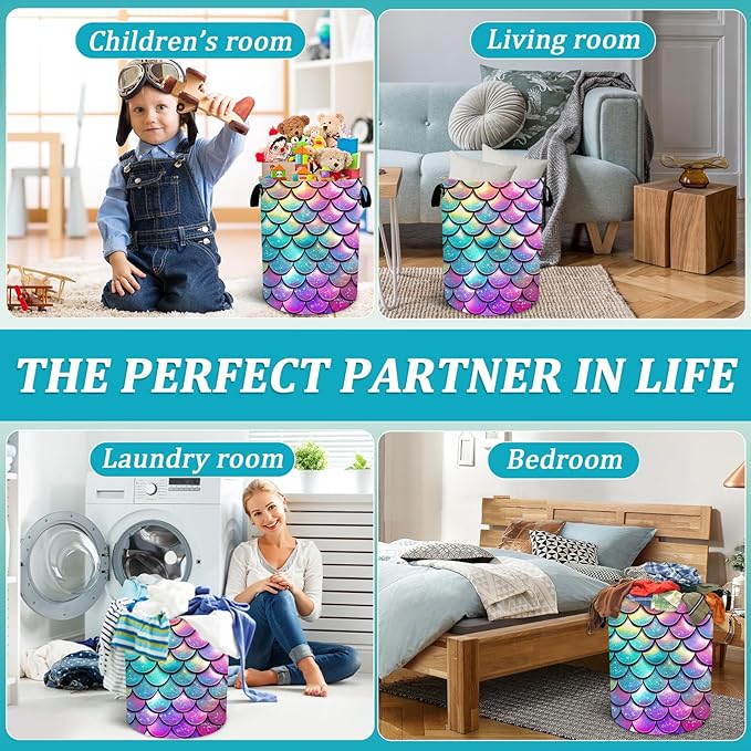 Mermaid Scale Laundry Basket, Glitter Rainbow Laundry HamperFoldable Waterproof Funny Tote Bag Dirty Clothes Storage Bucket Toy Organizer for Bathroom/Laundry/Bedroom 15.7"x19.6"