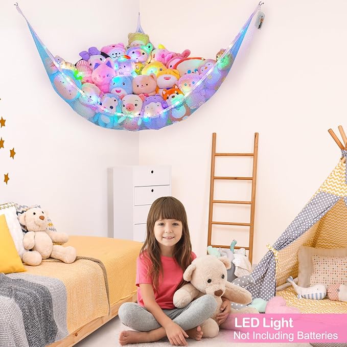 Basumee Stuffed Animals Net or Hammock with LED Light Hanging Toy Net Hammock for Stuffed Animals Storage Stuff Animals Hammocks for Nursery Room with Remote Control, 8 Kinds of Lights(Pack of 1)