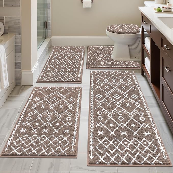 HEBE Bathroom Rugs Sets 5 Piece, Soft Absorbent Microfiber Bath Mat for Bathroom, Non Slip Washable Bath Rug Set with Toilet Cover, Bath Runner and U-Shaped Contour Toilet Rug, Coffee