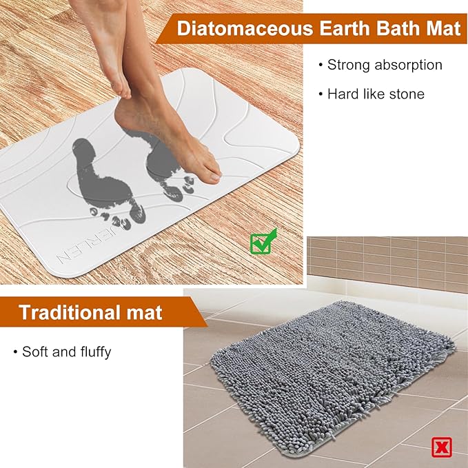 2 Pack Diatomaceous Earth Shower Mat, Stone Bath Mat, Nonslip Super Absorbent Fast-Drying Hard Bath Mat for Bathroom Shower Floor, 24 x 16 inch, White Wave Design