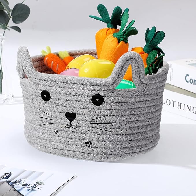 Zopeal Cat Basket Storage Woven Organizer with Ears Christmas Decorative Pet Toy Cute Cotton Rope Basket for Gift Cat Dog Toy Bin Nursery Room(8.3 x 4.7 Inch,Light Gray)