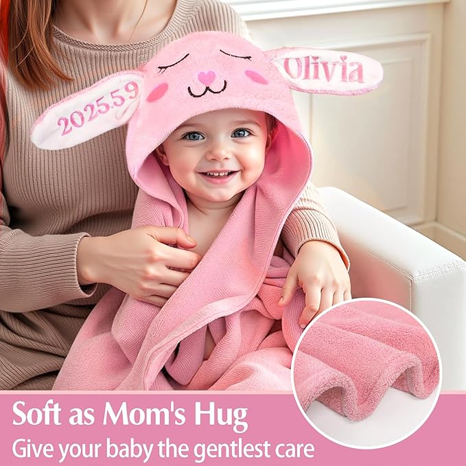 Baosity Custom Hooded Baby Towel with Name, Personalized Soft Absorbent Bunny Bath Towel, Shower Towels for Girls Boys, Easter Brithday for Baby, Toddler, Newborn Essential