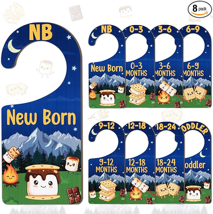 Baby Closet Dividers 8PCS, S’More Themed Wooden Double-Sided Clothes Size Hanger/Organizer from Newborn to Toddler for Nursery Decor Baby Shower Birthday Gender Reveal Party Gift