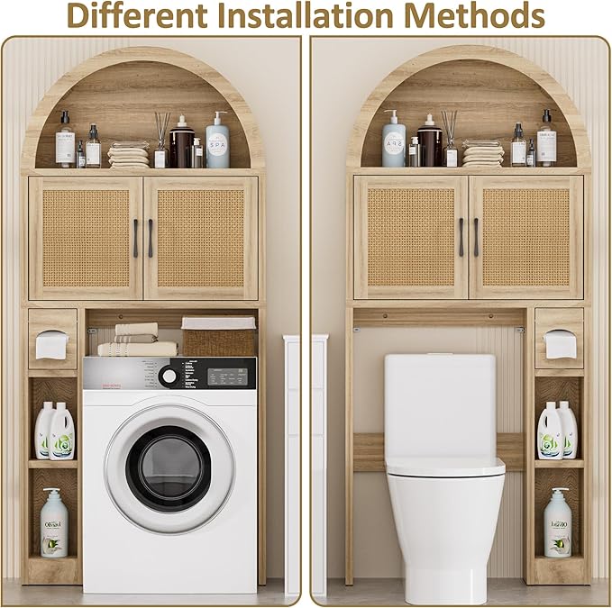 Over The Toilet Storage Cabinet, Over Toilet Bathroom Organizer with Rattan Doors, Arched Storage Organizer Cabinet with Anti-Tip Device and Adjustable Shelf for Bathroom, Natural