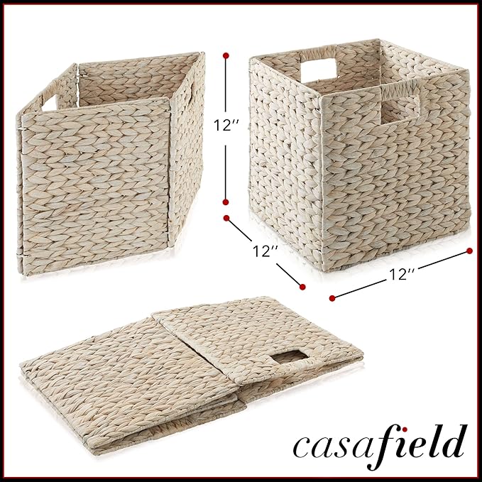 Casafield 12" x 12" Hyacinth Storage Baskets, Whitewash - Set of 4 Storage Organizers, Woven Wicker Cubes for Bathroom, Bedroom, Laundry, Shelves
