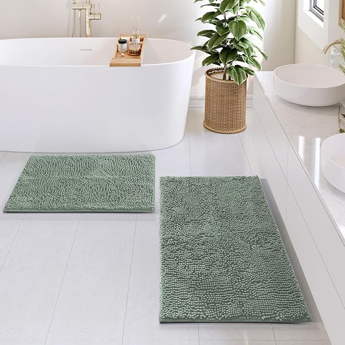 Hearth & Harbor Bathroom Rugs, Chenille Bath Mat - Machine Washable Bath Mats for Bathroom Non-Slip Backing Rubber, Quick Dry Bathroom Mat, 17 x 24 + 20 x 32 - Ice Green