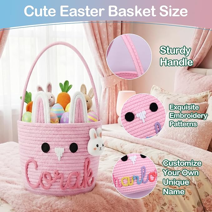 Personalized Easter Baskets for Boys Girls with Bunny Bracelet, Cute Bunny Custom Easter Basket for Baby Boy Girl with Colorful Rope Embroidered Name for Egg Hunts (Cute Bunny Emoji)