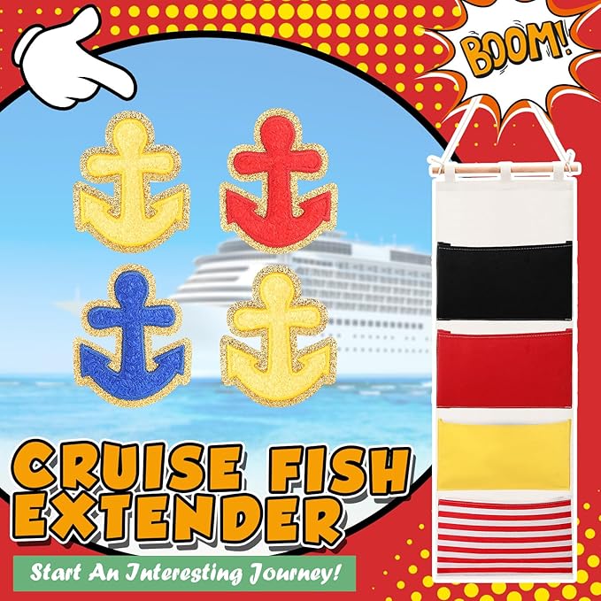 Fish Extender Cruise Gift Hanging Organizer with 4 Pockets and Iron on Anchor Patch Cabin Door Storage Bag 2026 Fe for Cruise Essentials Exchange Gift Pixie Dusting(Red,Blue,Black,Yellow)