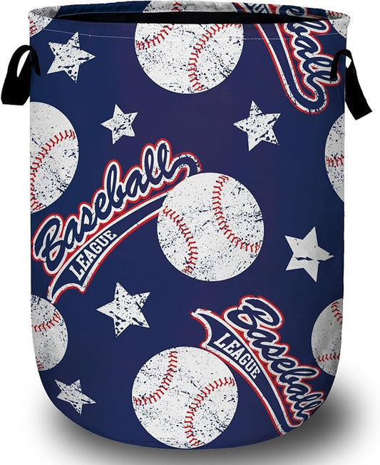 Baseballs and Stars Laundry Basket, Laundry Hamper Collapsible Oxford Cloth with Handle Clothes Toy Storage Bin for Bathroom Laundry Room Bedroom 15.7 X 20 Inch