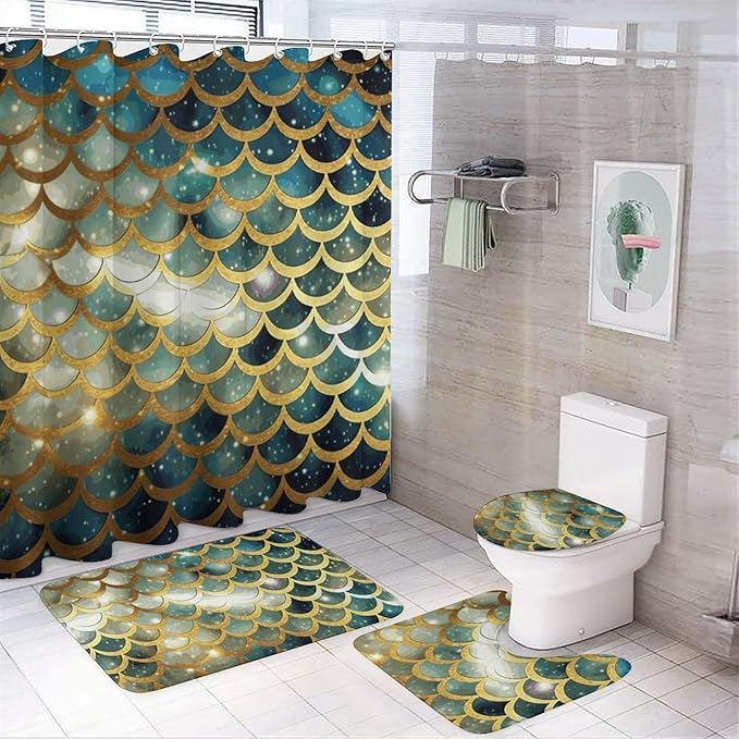 4 Piece Bathroom Rug Set with Shower Curtain, Non-Slip Bath Mat Toilet Cover Set, Golden Glittering Fish Scales Bathroom Rug Sets