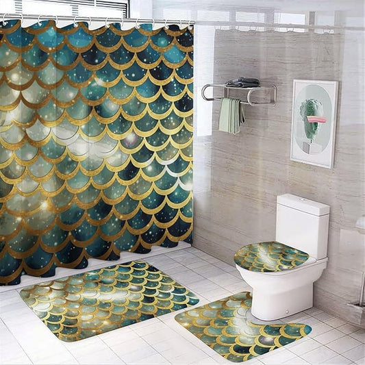 4 Piece Bathroom Rug Set with Shower Curtain, Non-Slip Bath Mat Toilet Cover Set, Golden Glittering Fish Scales Bathroom Rug Sets