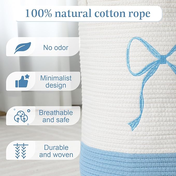Honeydak Blue Laundry Basket Bow Hamper Coquette Laundry Basket Cotton Rope Blue Hamper 15 x 17.7 Inches Toy Box Large Coquette Bow Teens Girls Room Storage for Blanket Toys Clothes Organization