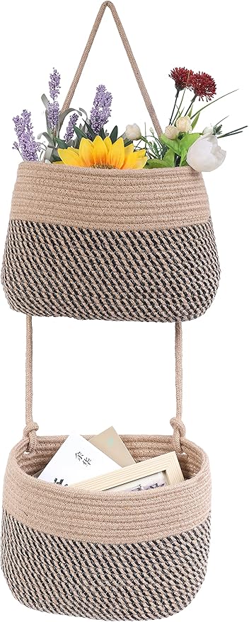 Over The Door Hanging Basket, 2 Tier Cotton Rope Woven Wall Basket, Magazine Racks Hanging Organizer, Decorative Hanging Storage Baskets for Organizing Living Room, Bathroom and Bedroom (Jute-black)