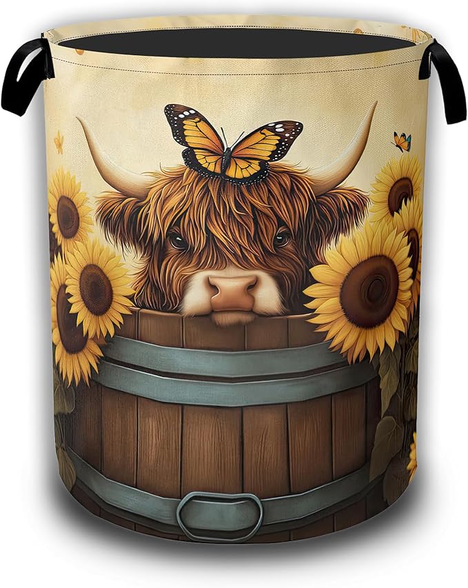 Highland Cow Laundry Hamper,Sunflower Butterflies Collapsible Laundry Baskets Waterproof Oxford Cloth With Handles,Clothes Storage Bucket Toy Organizer For Bathroom/Nursery/Bedroom 16" x 20.8"