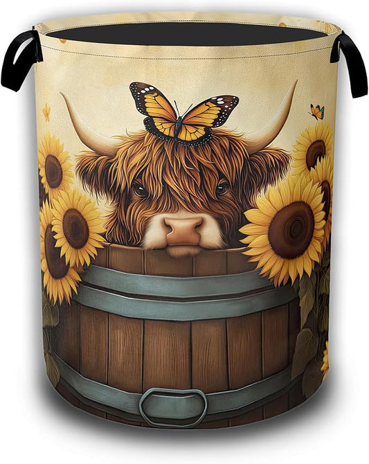 Highland Cow Laundry Hamper,Sunflower Butterflies Collapsible Laundry Baskets Waterproof Oxford Cloth With Handles,Clothes Storage Bucket Toy Organizer For Bathroom/Nursery/Bedroom 16" x 20.8"