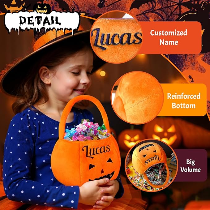 Personalized Halloween Baskets for Kids Trick or Treat Bucket| Custom Name Embroidered for Trick or Treat Bags- Halloween Pumpkin Candy Treat Bucket