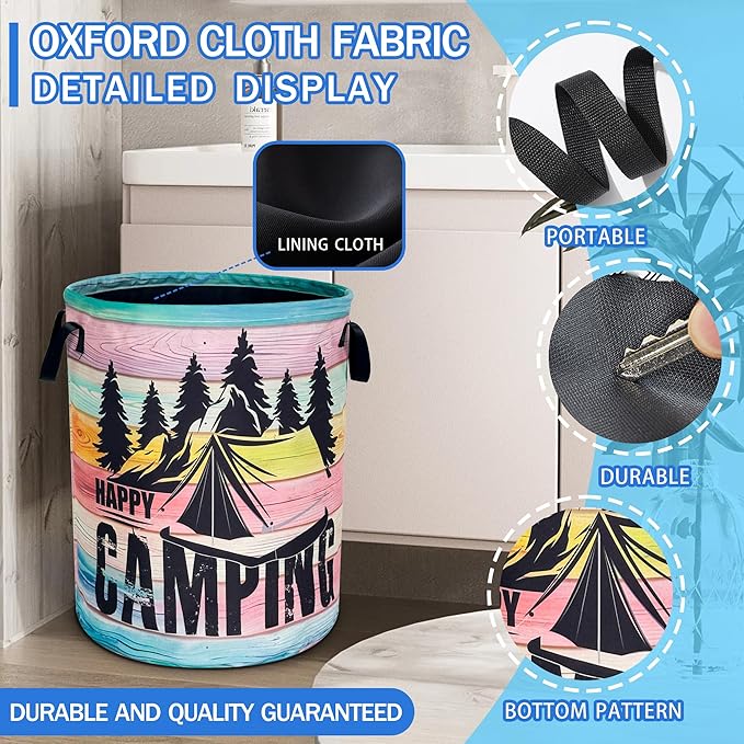Happy Camping Laundry Basket Mountains Forest Oxford Cloth Laundry Hamper With Handle Foldable Portable Clothes Storage Basket 18.9 X 16.5 In Storage Bag For Laundry Room/Bathroom/Bedroom/Dormitories