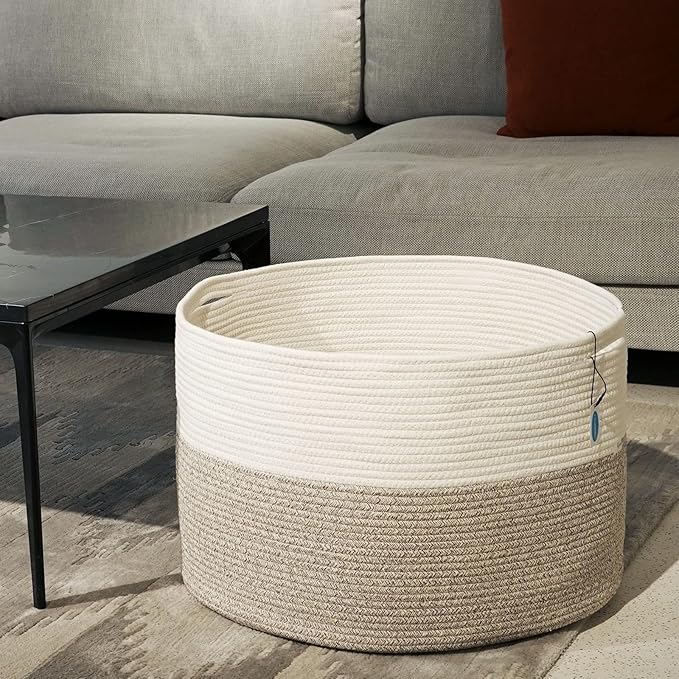 Casaphoria XXXLarge Cotton Rope Basket for Living Room - Woven Storage Basket with Handle for Blankets, Towels and Pillows Laundry Hamper | White and Brown (22" x 22" x 14")