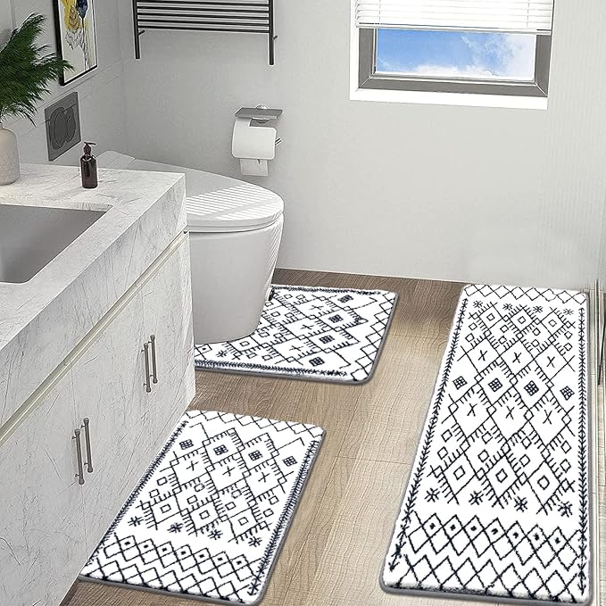 HEBE Bathroom Rug Set - 3 Piece Non Slip Shower Mats with U-Shaped Toilet Mat, Absorbent Microfiber Bath Mats for Bath Rugs, Washable Shaggy Floor Carpet
