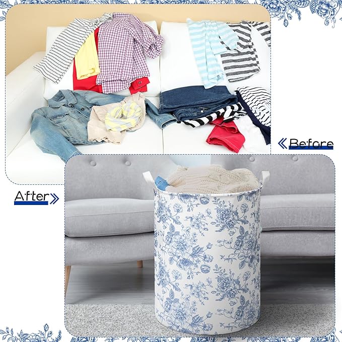 2 Pcs Laundry Basket Coquette Storage Basket for Girls Nursery Hamper with Handles Foldable Waterproof Collapsible Storage Bin Organizer for College Dorms Bathroom(Chinoiserie)
