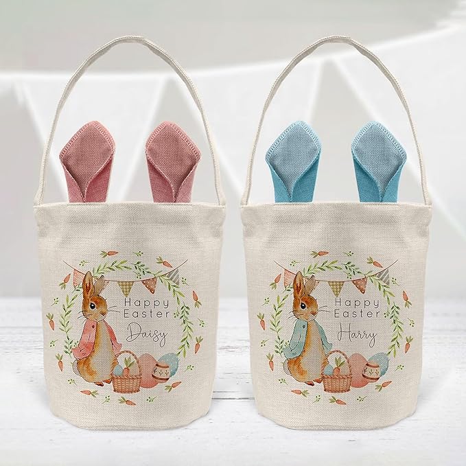 Personalized Canvas Bunny Ear Basket with Custom Name | Easter Gift for Kids | Easter Basket Stuffer (Green)