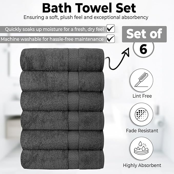 Hotel & Spa 100% Cotton Bath Towels Pack of 6, Ultra Soft, Quick Dry, Lightweight, Highly Absorbent, Perfect for Face, Hands, Spa, Gym, Hotel, Resort & Daily Use - Grey (24" x 48")