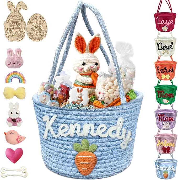 Personalized Easter Basket for Boys Girls Custom Name Baskets with Handle Woven Rope Rabbit Eggs Bucket Gifts